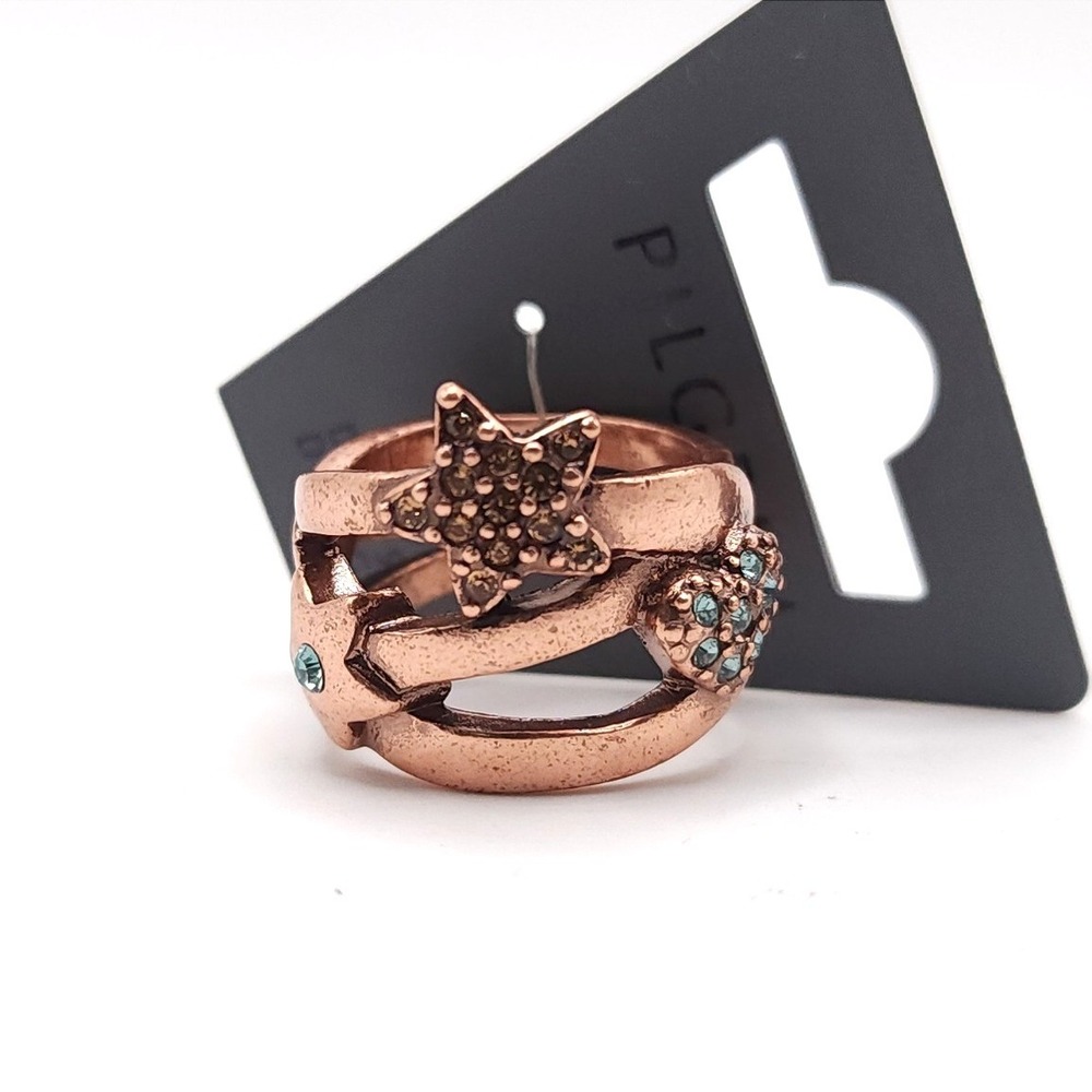 Pilgrim Danish Design Swarovski Crystal Multi Band Star Heart Ring Bronze Size 8
